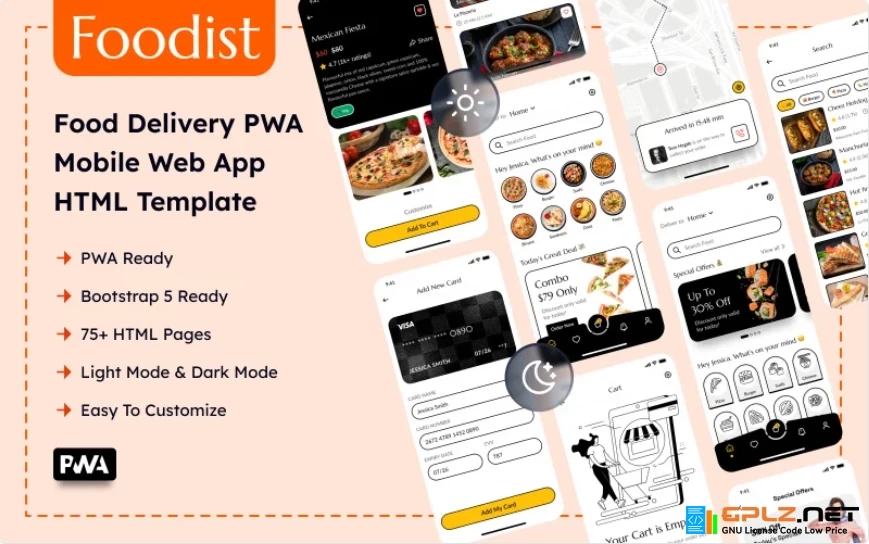 Multipurpose Food Delivery Mobile App PWA HTML Template – Foodist Website Template